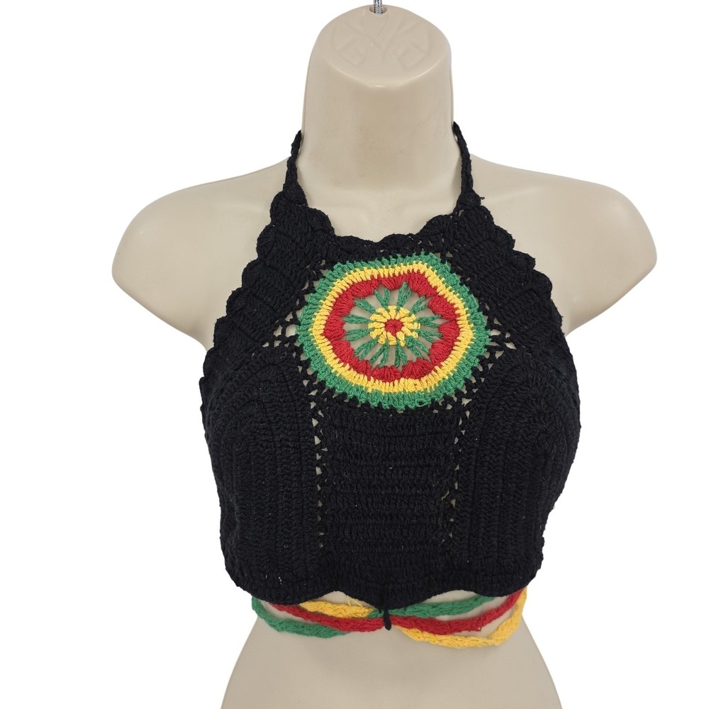 Gypsy Rose Crochet Rasta Tank Top Women One Size Black Boho Festival Party Beach